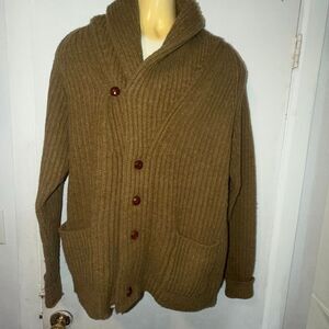 J PETERMAN Warm Olive Green Shaw Collar Button Up Wool Grandpa Old Money Sweater